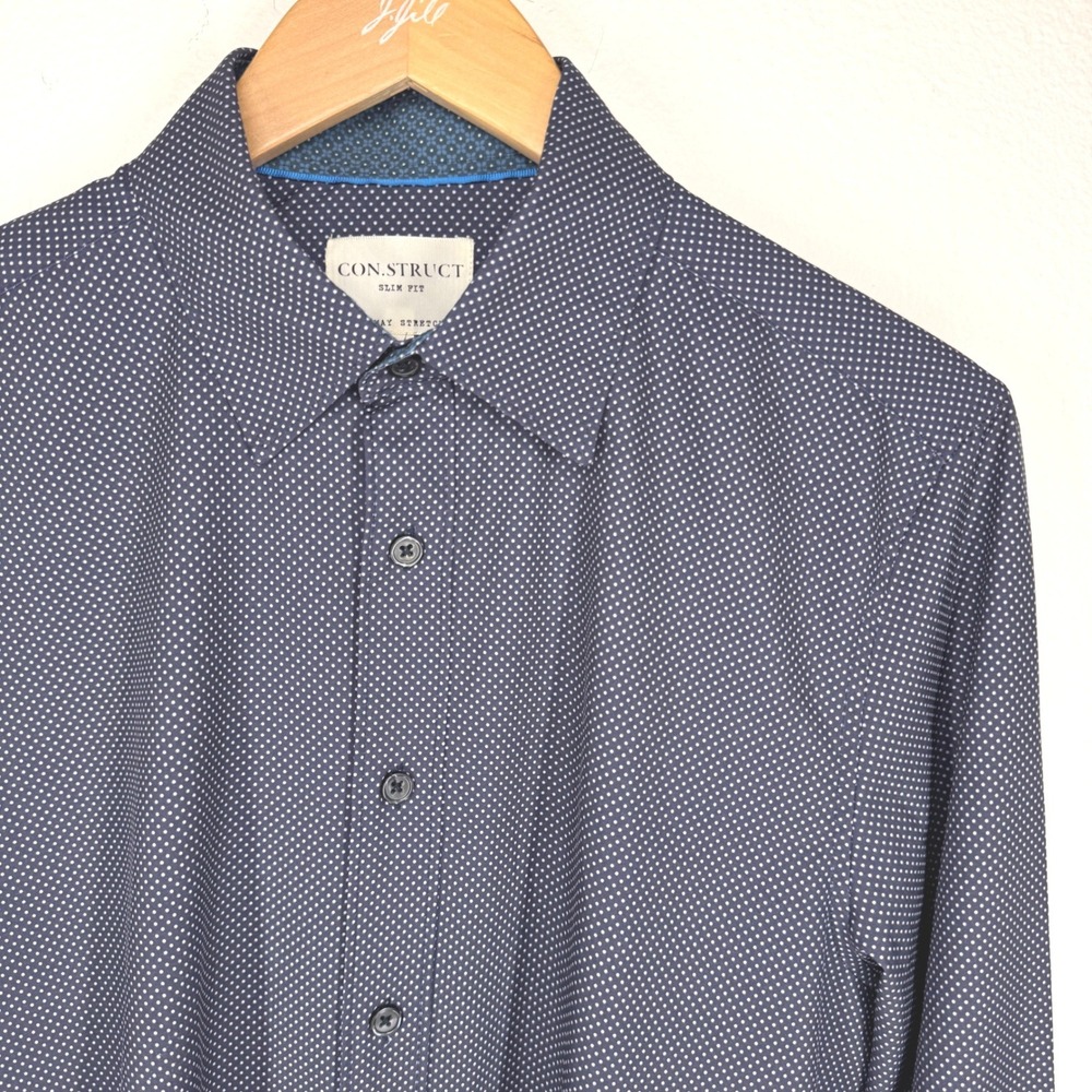 CON.STRUCT Mens Slim Fit 4-Way Stretch Navy Polka Dot Long Sleeve‎ Shirt Small